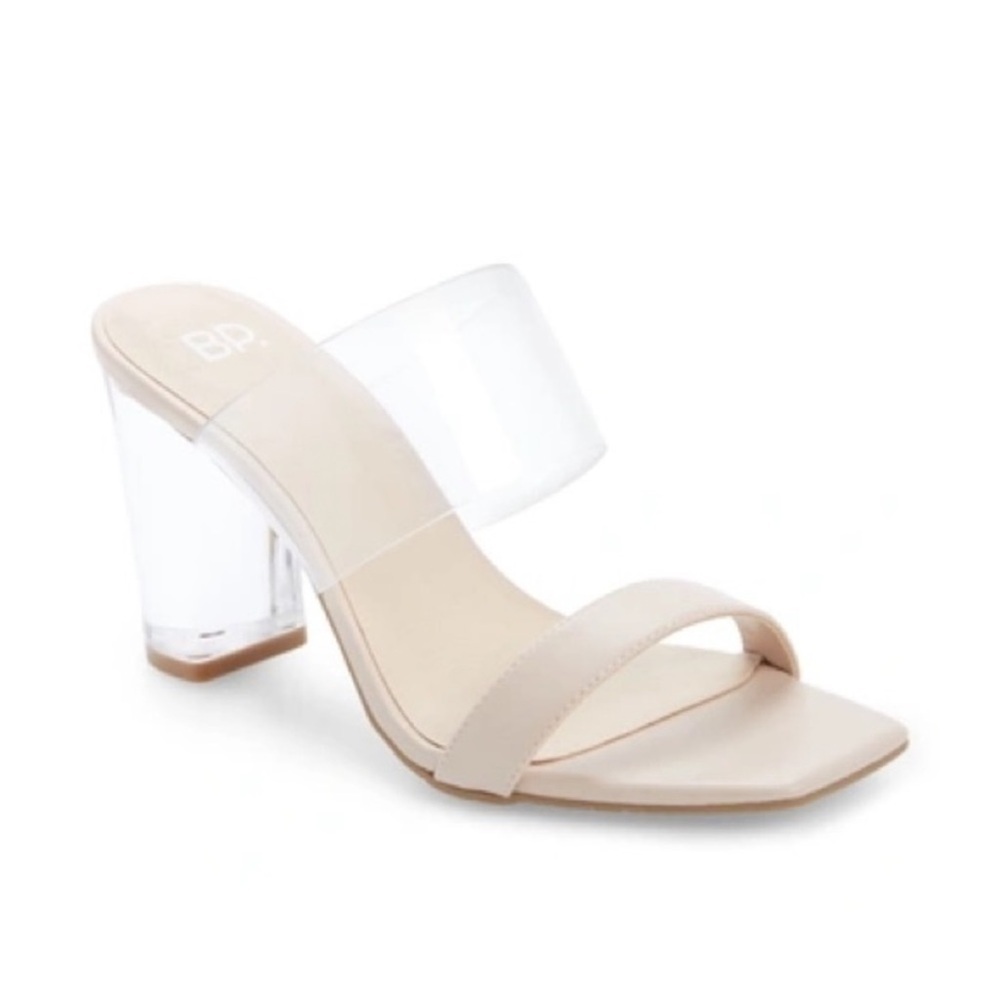NEW BP. Naomi Heeled Sandal Vegan Leather Neutral Nude Clear Strap